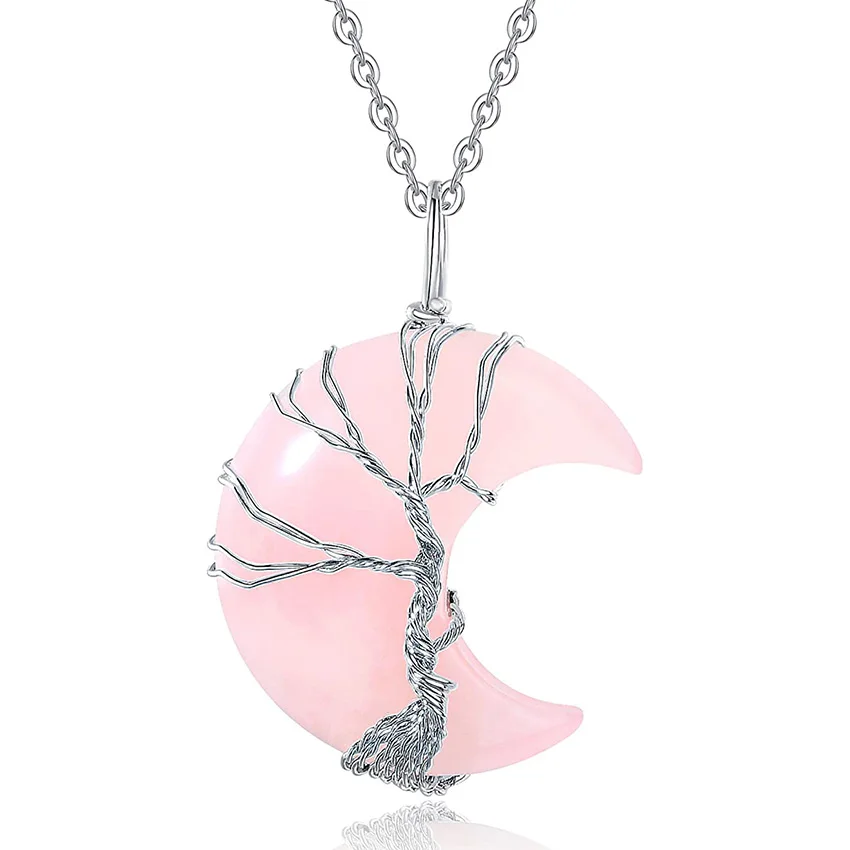 Collier quartz rose pour femme en forme de lune avec arbre de vie