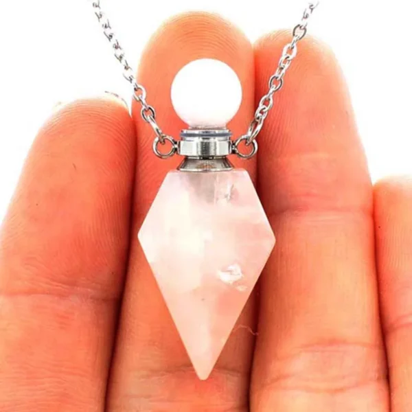 Collier flacon parfum héxagonale quartz rose